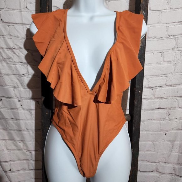 Swimsuit V Neck and Ruffle Sexy Orange Small‎ Swim Beach A63 - Picture 1 of 3